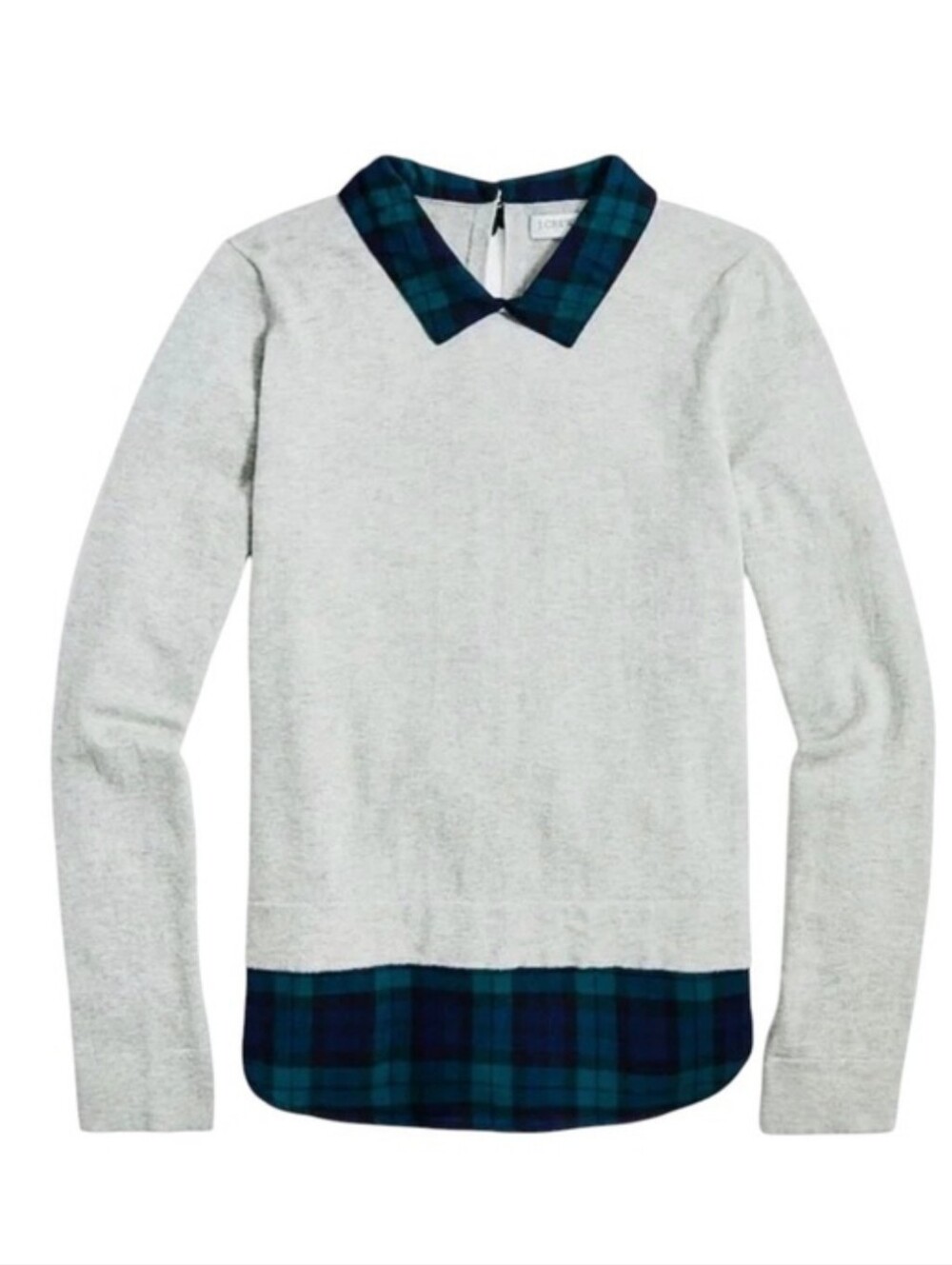 J. Crew Light Gray Sweater with Green And Blue Flannel Trim Detail Preppy Size L